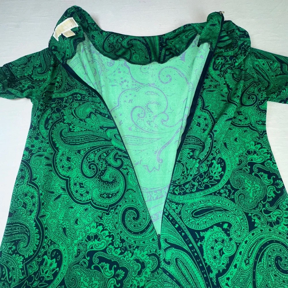 Michael Kors Jersey Shift Dress Green & Paisley Pattern Long Sleeve Sheath Med